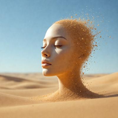 The primary subject of the image is a woman with a sandy head, which appears to be a digital art or illustration. The setting is a desert-like environment, with sand covering the ground. The visual style gives the impression of a surreal or dreamy atmosphere. The dominant colors are sandy tones, and the overall mood is one of mystery and intrigue.